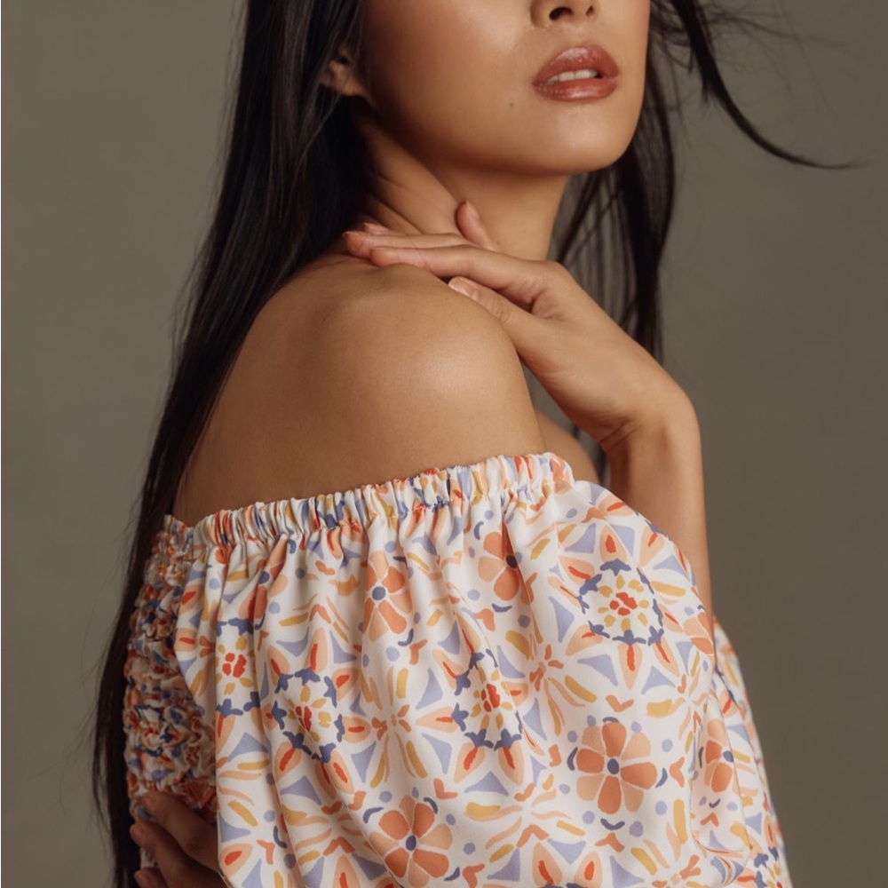 Dolan Off-Shoulder Floral Blouse - White, Orange, Blue